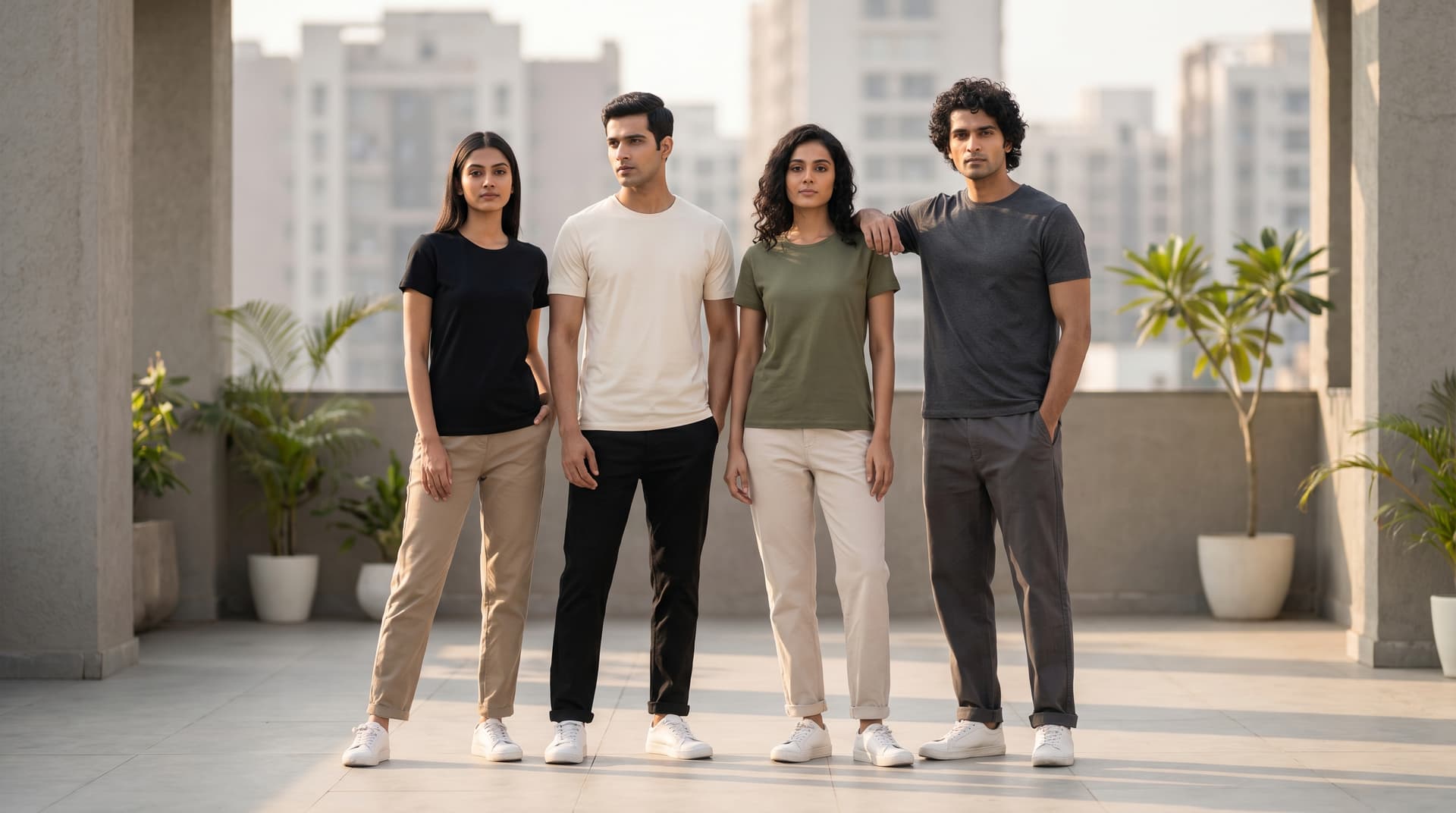 Four models wearing plain crew tees on a rooftop